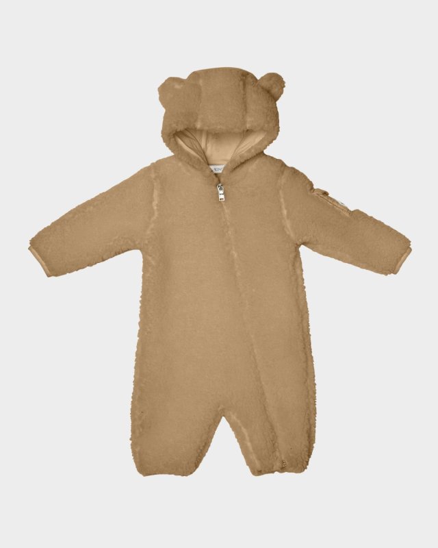 Boy's Teddy Ear Hood Zip-Front Romper, Size 1M-3